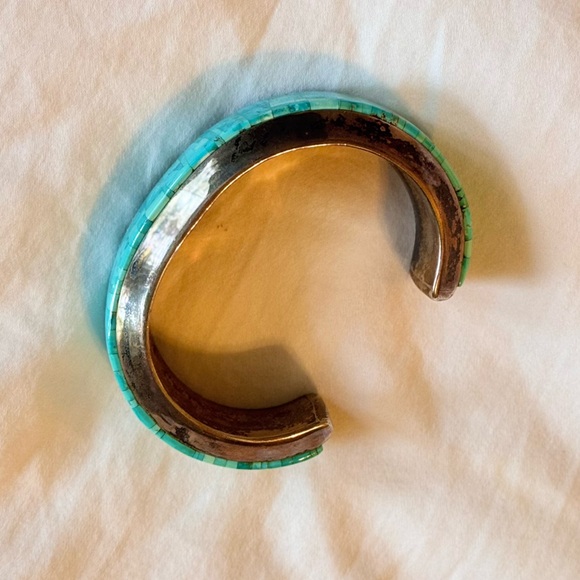 Signed BRYON YELLOWHORSE Heavy Sterling Silver Turquoise Mosaic Cuff Bracelet - Picture 8 of 16
